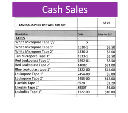 Cash Sale Items Price List